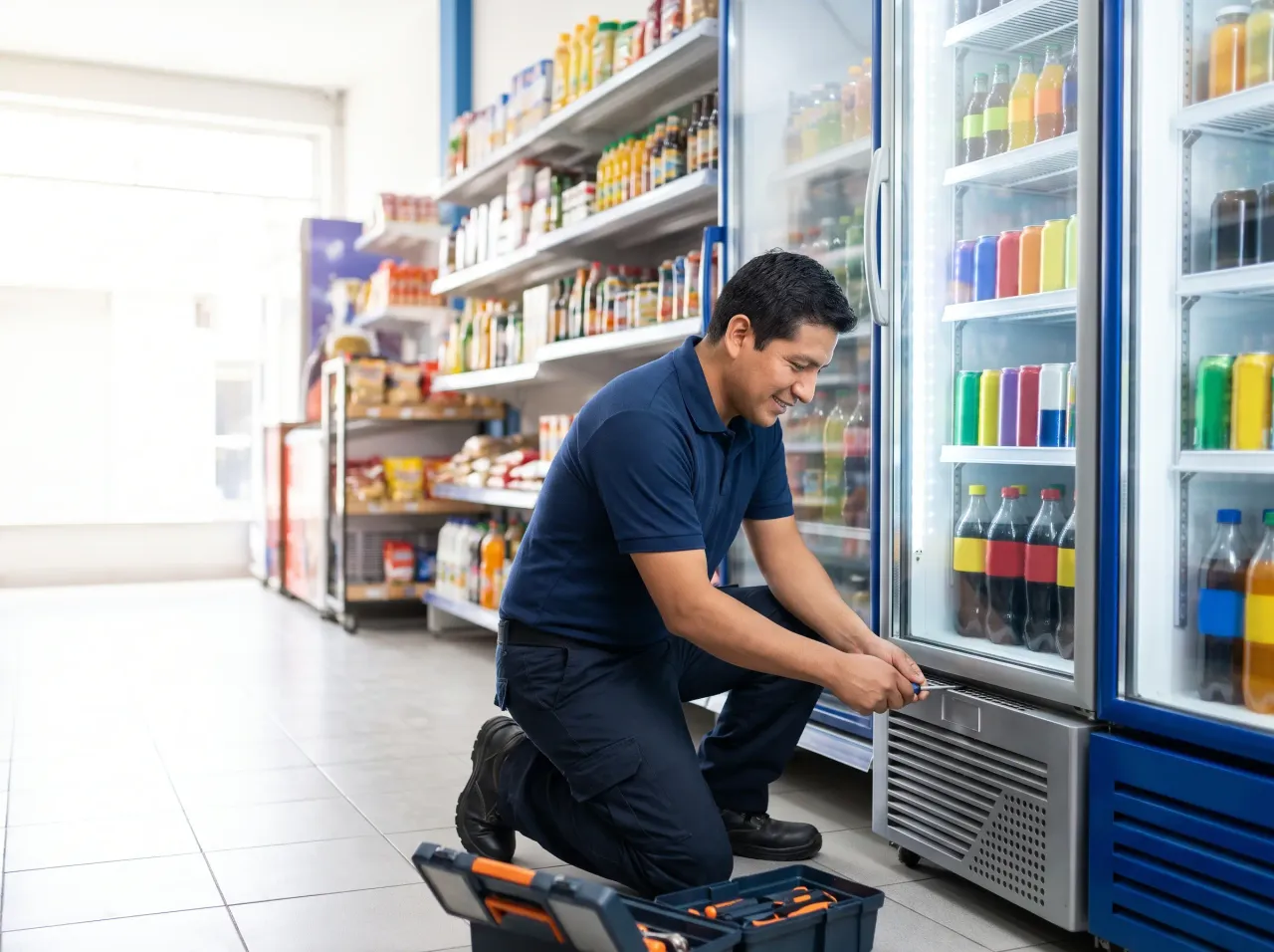 Técnico reparando una conservadora de bebidas en una bodega de Lima