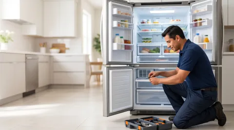 Técnico revisando una refrigeradora French Door a domicilio en Lima