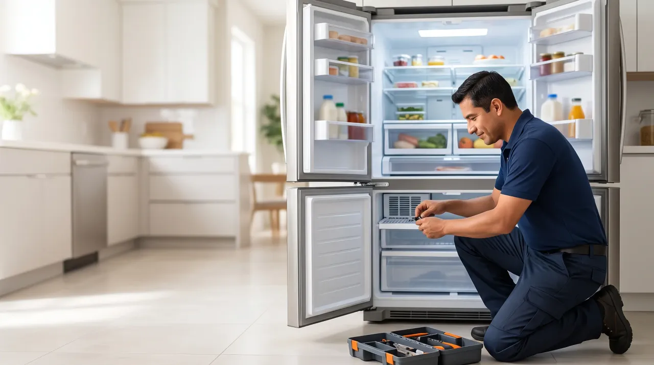 Técnico revisando una refrigeradora French Door a domicilio en Lima
