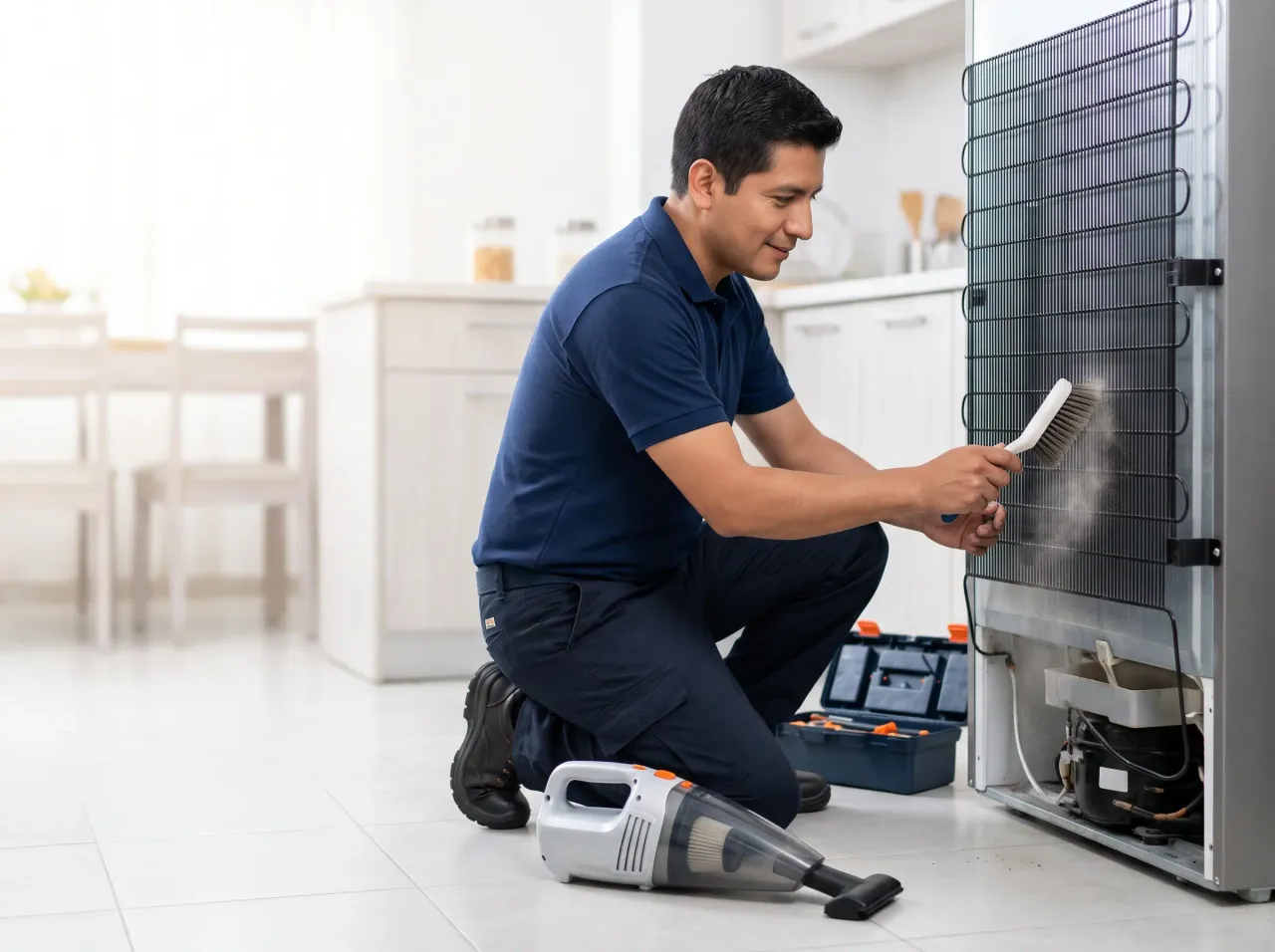 Técnico limpiando el condensador de una refrigeradora que no enfría en Lima