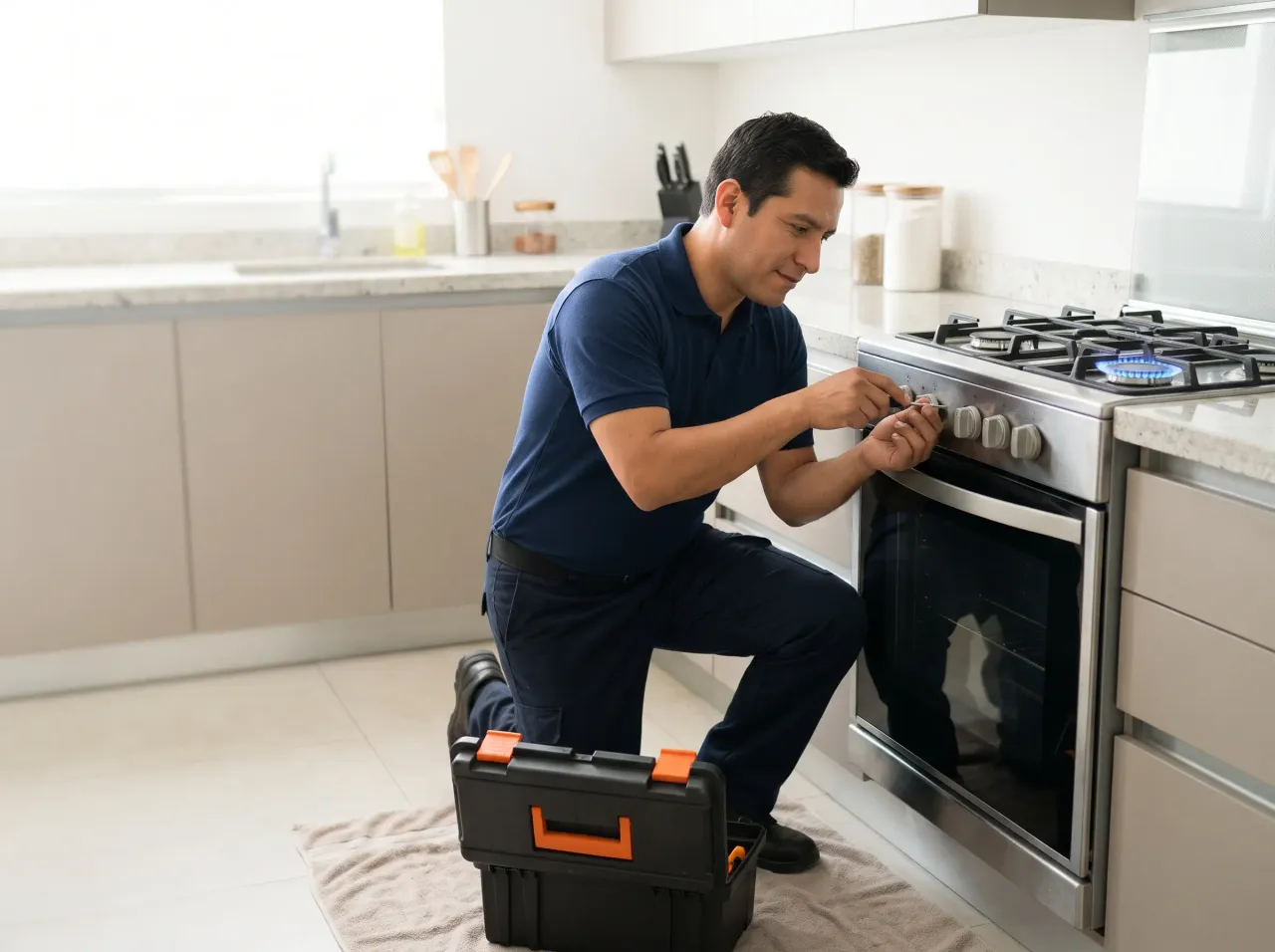 Técnico revisando las perillas y el horno de una cocina a gas en Lima