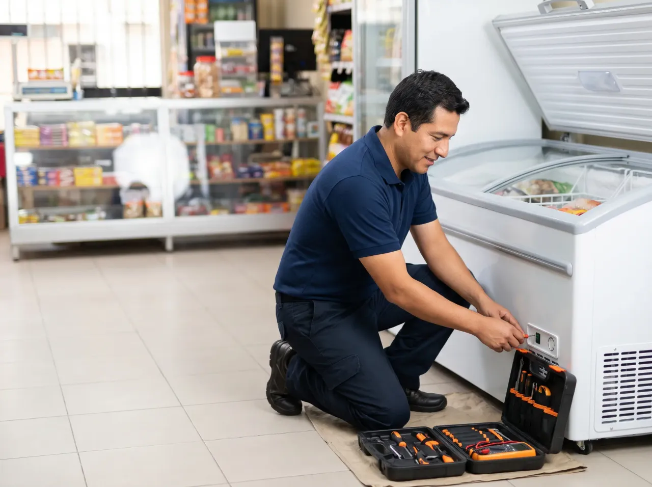 Técnico reparando una congeladora horizontal en una bodega de Lima