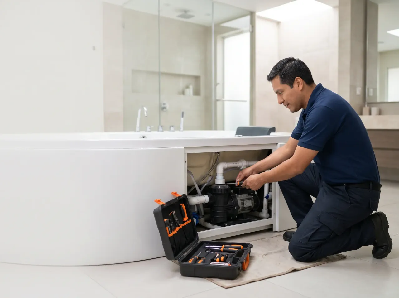 Técnico revisando la bomba de agua de un jacuzzi a domicilio
