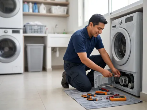 Técnico limpiando el filtro de la bomba de desagüe de una lavadora a domicilio
