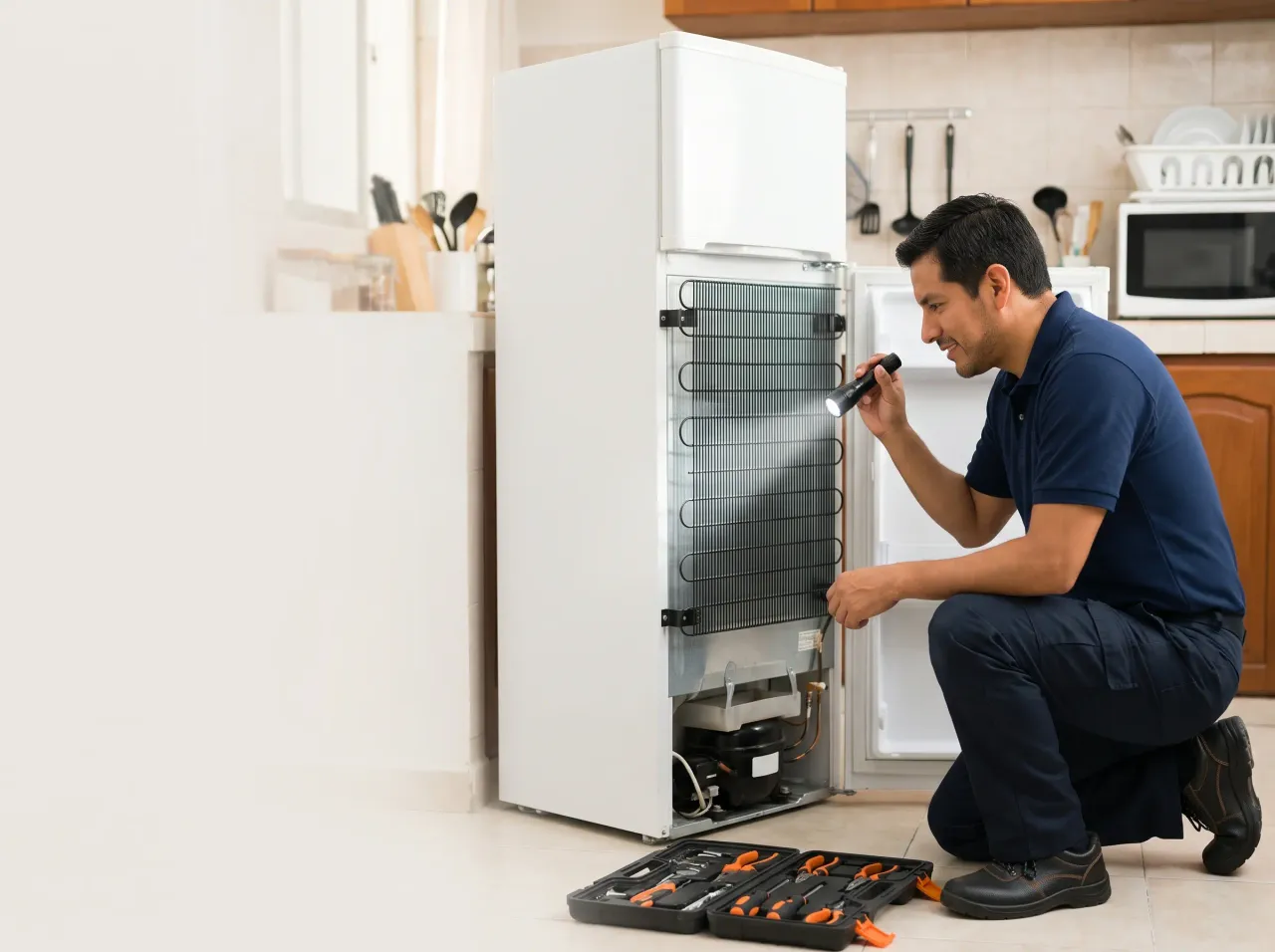 Técnico inspeccionando con linterna el condensador de una refrigeradora en Lima
