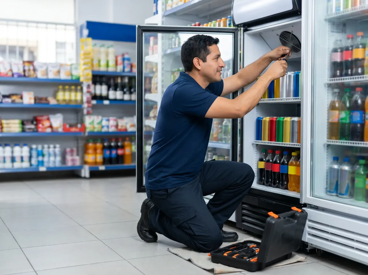 Técnico reparando el ventilador de un visicooler de bebidas en una bodega