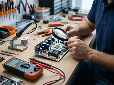 Técnico inspeccionando con lupa la tarjeta electrónica de un electrodoméstico