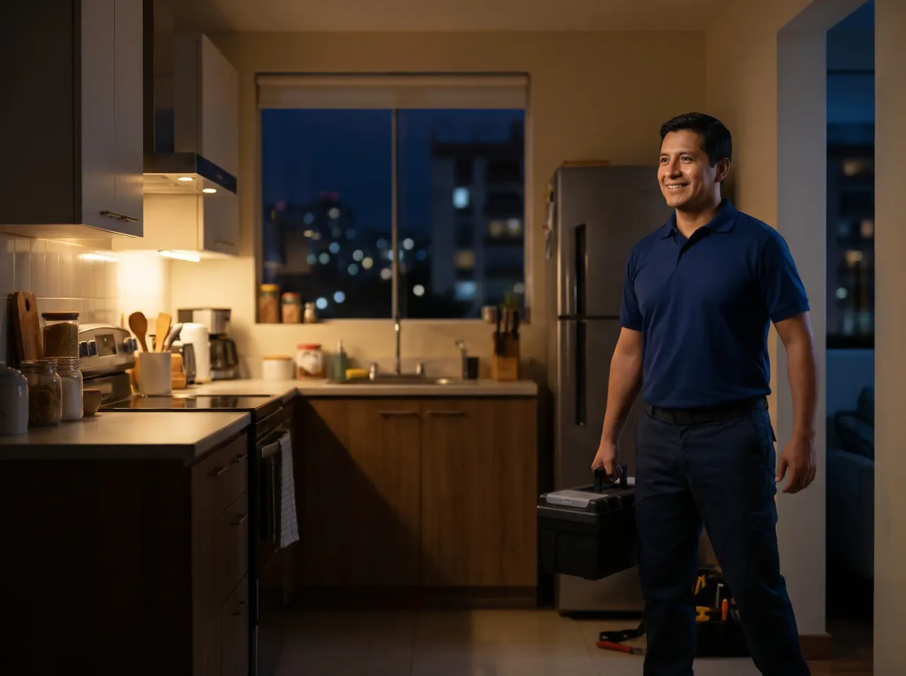 Técnico de guardia llegando de noche a un domicilio en Lima para una urgencia de refrigeración
