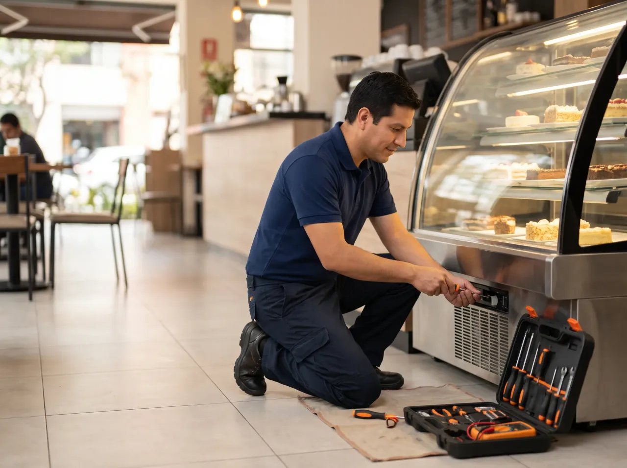 Técnico reparando una vitrina refrigerada pastelera en una cafetería de Lima